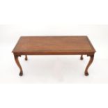 Rectangular low table with carved leaf decoration to top, on cabriole legs, H46 x W106 x D45cm