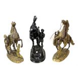 Two Spelter figures of Marly horses after Cousteau 37cm high and another black painted 43cm high (3)