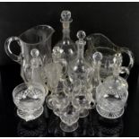 Glass decanters, jugs and drinking glasses