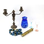 Blue art glass vase, set of 10 coloured stem wine goblets with etched bowls, two porcelain tea