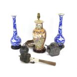 Prayer wheel, 2 blue asian vases and asian metalware