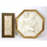 Octagonal white plaster wall plaque with satyress and her child in relief within gilt frame,