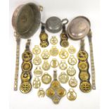 Collection of metalware to include horse brasses, 19th century English pewter teapot,