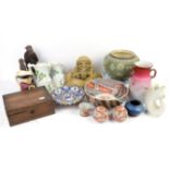 Small group of ceramics including Doulton jardinière, Portmerion cake stand, a clay model of a