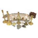 Small group of metal ware including twisted candlesticks and a plated kidney-shaped tray
