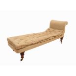 Chaise longue on turned mahogany legs and castors, H75 x W137 x D32.5cm