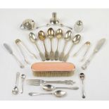 Small selection of miscellaneous silver items including spoons, sugar nips, clothes brush, etc.