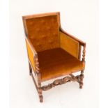 Mahogany armchair with mustard button back upholstery, with barley twist supports to arms,