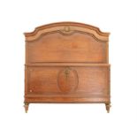 French Empire style plum pudding mahogany and gilt metal mounted double bed, H150 x W147cm