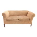 20th century drop-end two seater sofa, with striped upholstery on shaped mahogany legs and castors,