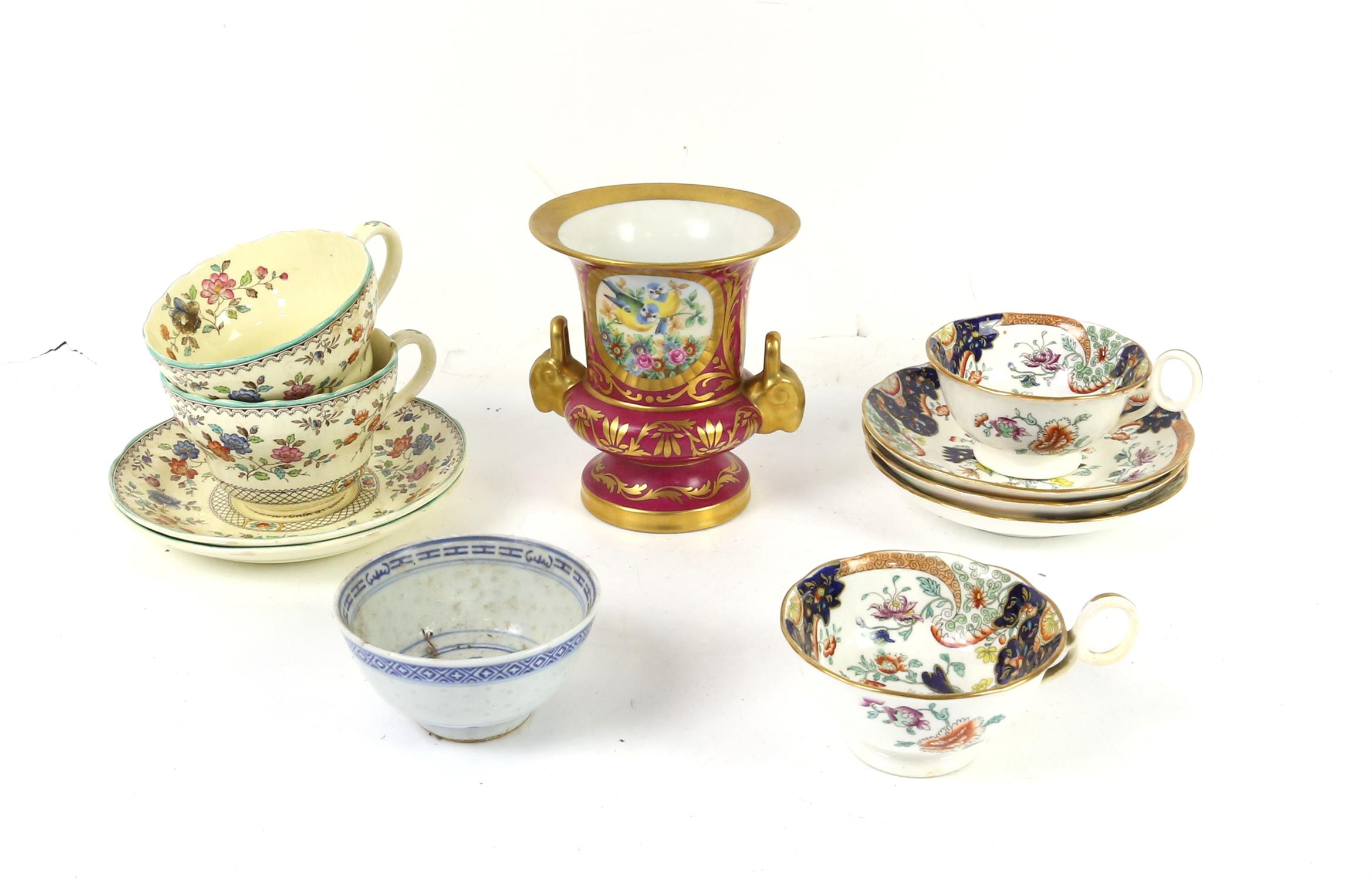 Victorian part service, Copeland Spode Royal Jasmine cups and saucers, whip, stick,