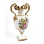 Porcelain vase with coiled snake handles, hand painted with vignette of lady and flowers,