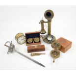 Brass candlestick telephone, Toledo letter opener, Copper and brass Boatswains whistle in wooden