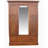 Early 20th century inlaid mahogany wardrobe, with mirrored door above single drawer, on plinth base,