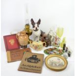 Mixed group of ceramics and glass including an oil lamp, Majolica style plaque or pot lid,