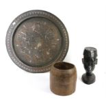 African hardwood bust, Egyptian metal tray, a wooden case, four blue cases and a wooden pot