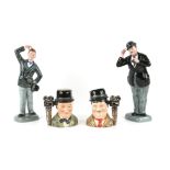 Laurel and Hardy - 2 Royal Doulton figurines and 2 Royal Doulton character jugs, the figurines