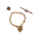 Edwardian garnet and pearl bar brooch, a charm bracelet and an 'I love you' spinner charm,