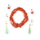 Branch coral necklace, together with two pairs of coral screw back earrings, the smaller pair