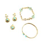 Turquoise torque bangle, a pair of turquoise drop earrings, together with a matching pendant and a