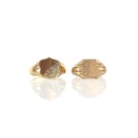 Two vintage gold signet rings, one with a shield plaque, with engraved detail, hallmarked 9ct,