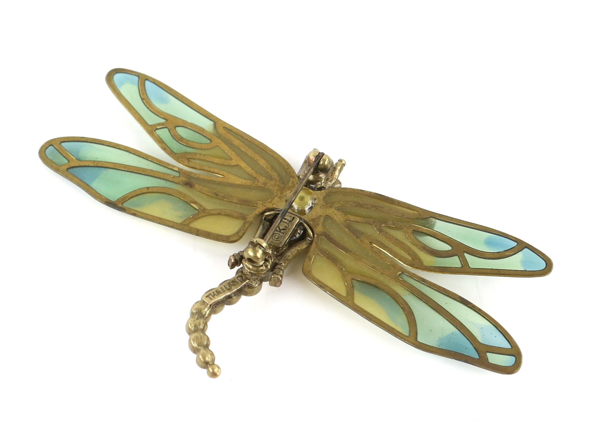 Kenneth Jay Lane Dragonfly brooch with blue and green mosaic wings, mounted in base metal, - Image 6 of 7