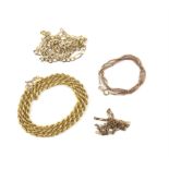 Three chains, including a box link chain, 47cm in length, a rope chain, 50cm in length,