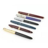 A collection of six pens including, a Parker fountain pen with 14 ct nib and Sheaffer fountain pen,