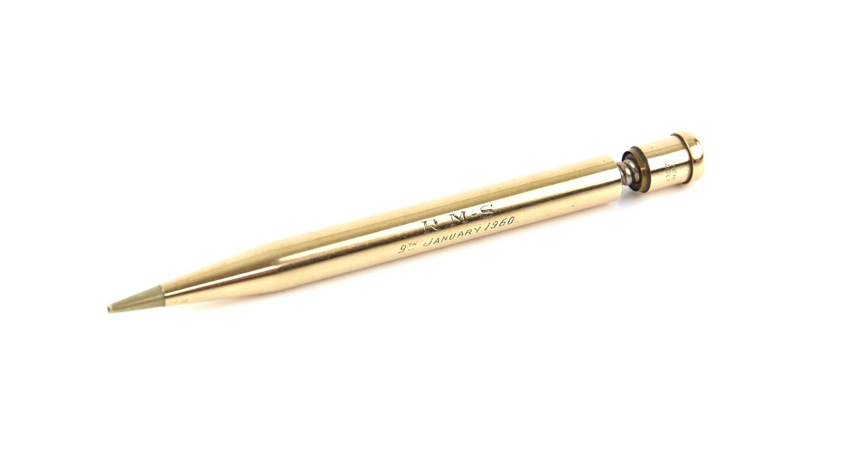 Yard-o-Lette gold propelling pencil, side engraved 'R.M-S 9th January 1960', cap marked Made in