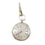 An English silver open faced pocket watch, the silvered dial with gilt hour markers to chapter ring,