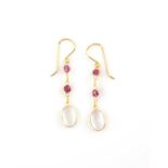 Moonstone and ruby drop earrings, set in 14 ct gold, estimated drop length 2.5 cm