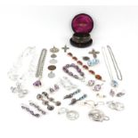 A group of silver jewellery including amethyst set, CZ drop earrings Silver jewellery including