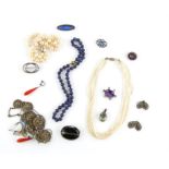 Selection of items including, lapis lazuli bead necklace, strung with knots and gold plated clasp,