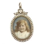 Murrle Bennett & Co pendant, central oval panel containing painted portrait of a girl,