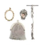 Silver and costume jewellery, including a Scottish agate dirk brooch, an enamel painted portrait