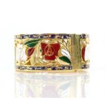 Enamel red and white rose gold pierced bangle, with enamel leaves and scrolled blue enamel borders,