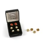 Five pairs of stud earrings, one set with oval cabochon cut coral, 10 x 6mm, in wire work setting,
