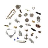 Selection of antique and vintage silver and costume jewellery, including three floral brooches,