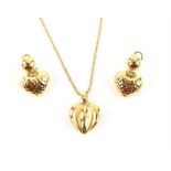 Heart pendant and earrings, the puffed heart pendant set with polished and matte gold detail,