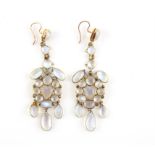 A pair of moonstone chandelier earrings, set with round, oval and heart shaped cabochon cut