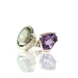 Amethyst and prasiolite ring, with oval prasiolite and shield shaped amethyst, set in silver,