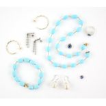 Group of items, including a synthetic spinel ring in 18 ct, ring size M1/2, a blue bead necklace