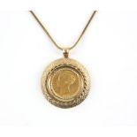 Pendant coin mount, in 9 ct set with a Victorian 1871 shield back sovereign, on a fancy link chain,