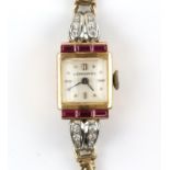 Longines ruby and diamond set cocktail watch, square silvered dial with baton and dot hour markers,