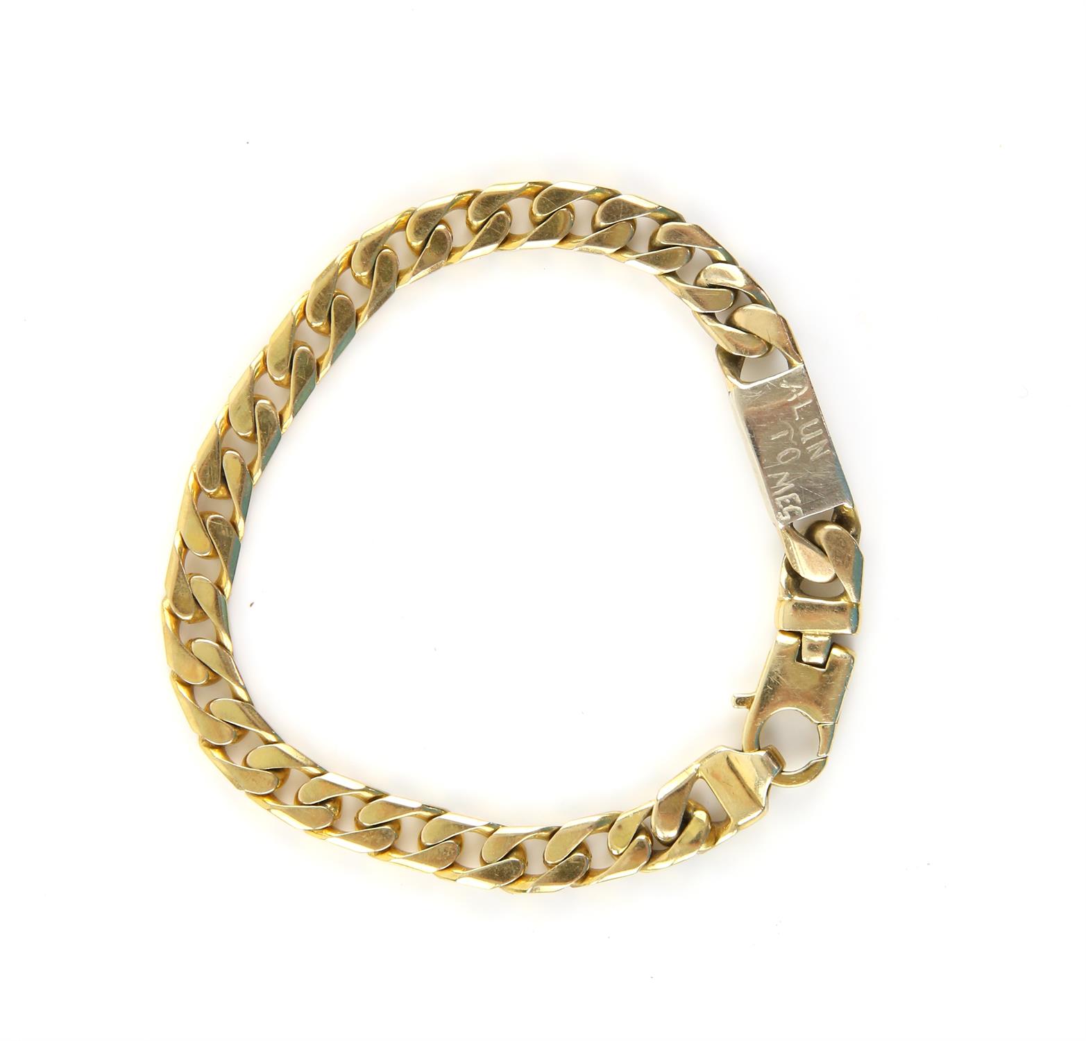 Vintage flat curb link bracelet, with a polished panel engraved 'Alun to Mes', lobster clasp,