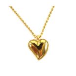 Gold heart pendant, designed as a puffed witches heart, in 14 ct, on a rope chain, hallmarked 9 ct,