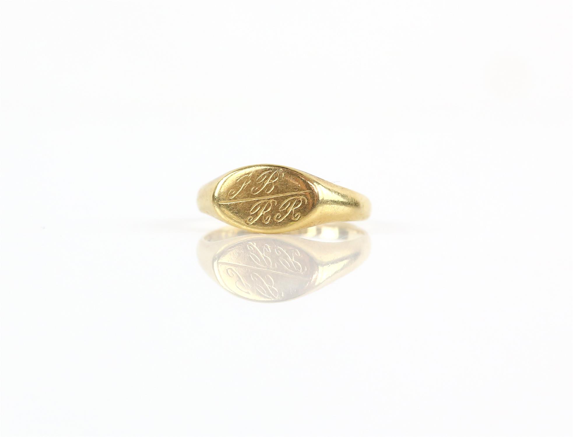 Signet ring, with an oval monogram plaque, with the initials JB / RR, in 18ct, hallmarked London