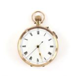 A gold open faced pocket watch the white enamel dial with roman numeral markers within a minute