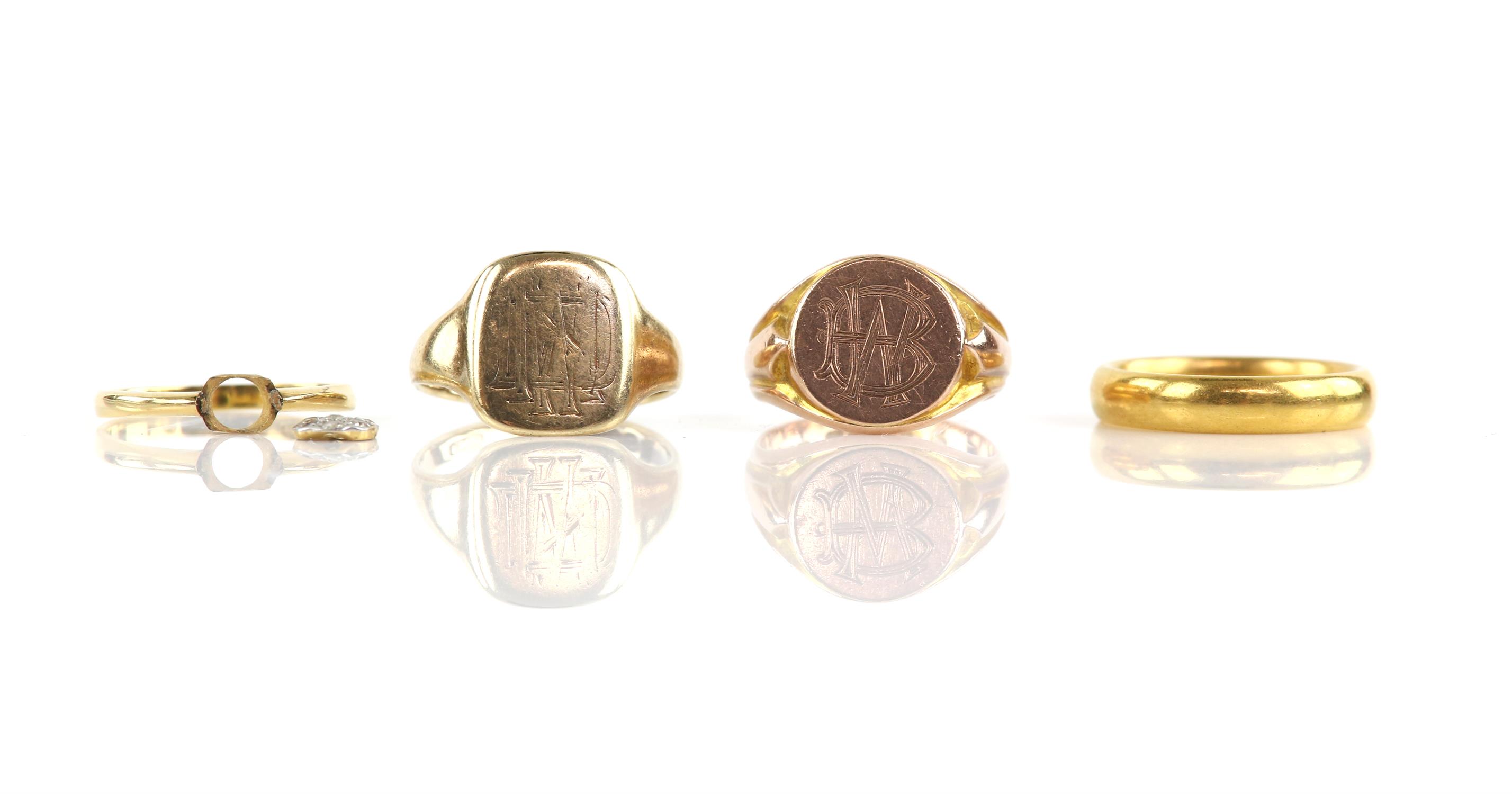 Four gold rings, including two signet rings, one ring size P, one ring size Q, both in 9 ct,