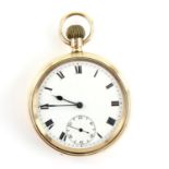 An English open face pocket watch in gold case, the white enamel dial with Roman numeral hour